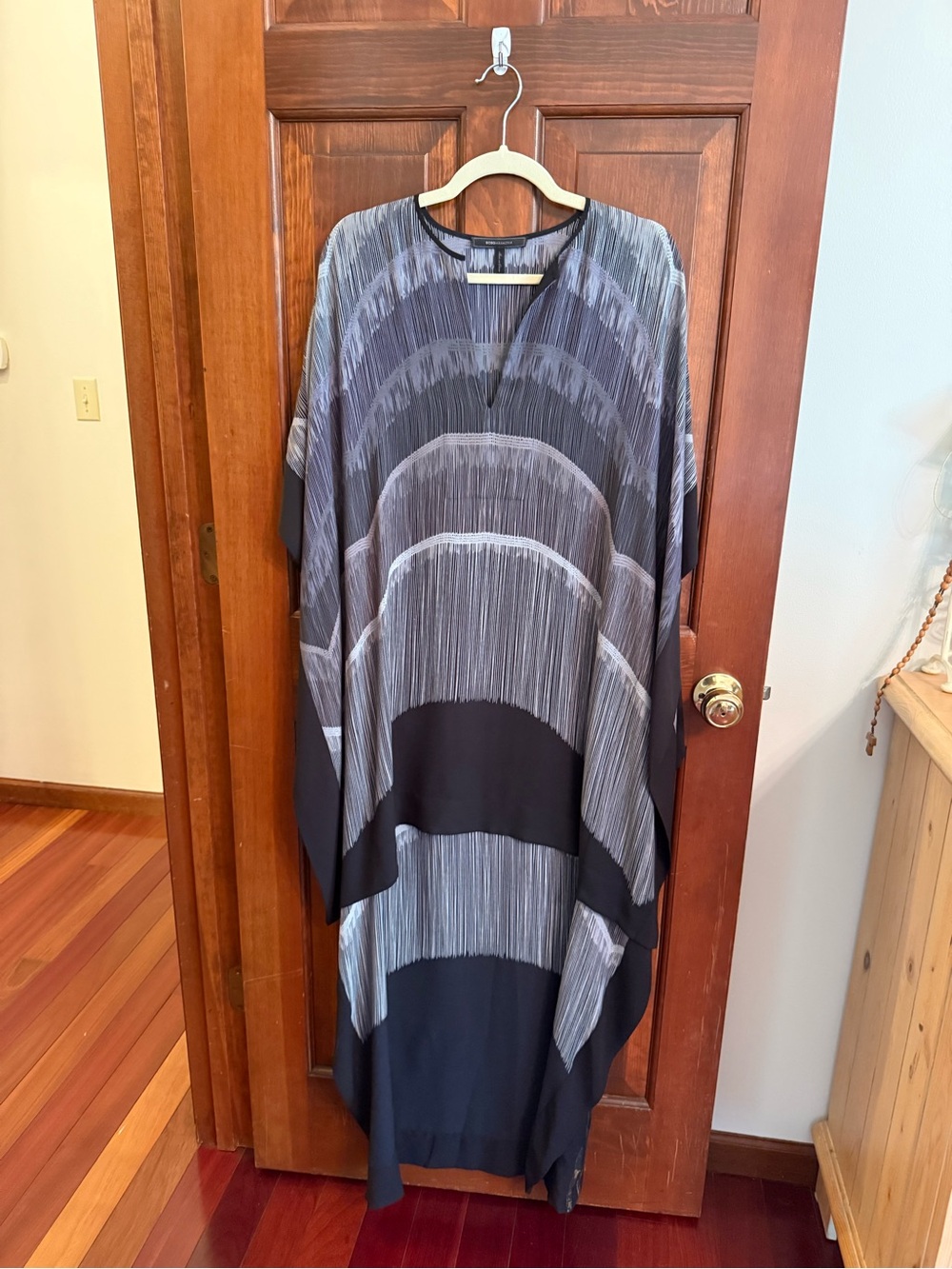 BCBGMAXAZRIA Crista Black Gray Striped High Low Kaftan Dress